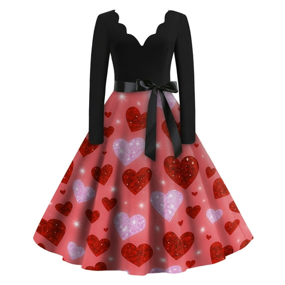 Fgvctg Valentine's Day Womens Dresses Cute Heart Graphic Vintage Cocktail Dress Classy V Neck 50s Tea Dress Long Sleeve Dressy Romantic Date Night Outfit Watermelon Red 2XL