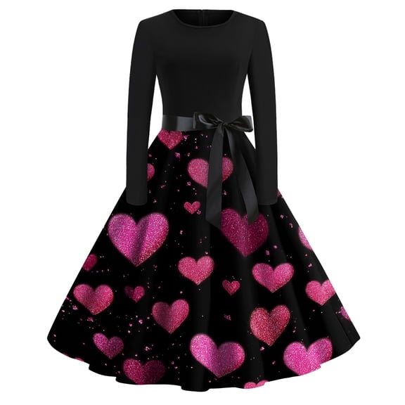 Fgvctg Valentine's Day Womens Dresses Cute Heart Graphic Vintage Cocktail Dress Sweet Crewneck 1950s Tea Dress Long Sleeve Dressy Romantic Clothes Purple Pink XL