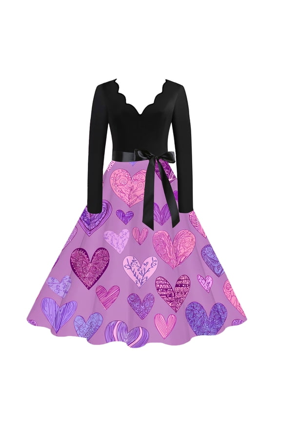 Valentine's Day Womens Dresses Cute Heart Print Vintage Cocktail Dresses Plus Size V Neck 1950s Dresses Long Sleeve Dressy Romantic Date Night Outfit Pink 3XL