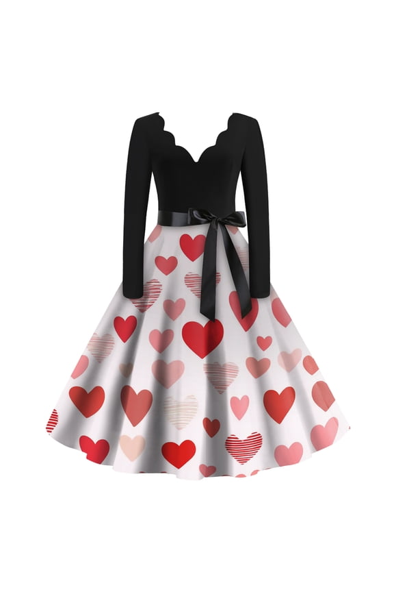 Valentine's Day Womens Dresses Cute Heart Print Vintage Cocktail Dresses Plus Size V Neck 50s Tea Dress Long Sleeve Dressy Romantic Date Night Outfit Light pink 2XL