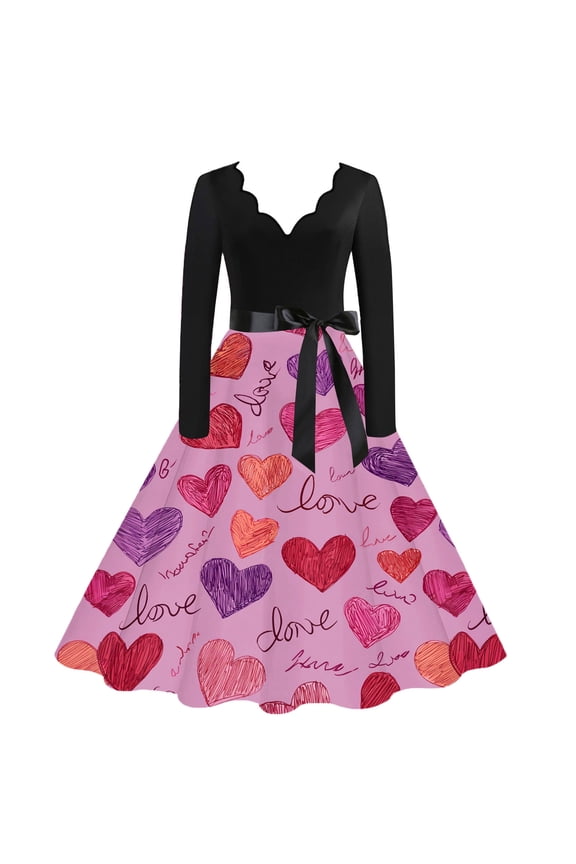 Valentine's Day Womens Dresses Hepburn Long Sleeve Vintage Cocktail Dress A-Line Dinner Dress 1950s Sweet Love Heart Print Outfits V Neck Clothing Black S
