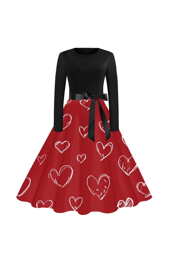 Valentine's Day Womens Dresses Hepburn Long Sleeve Vintage Cocktail Dresses Plus Size Prom 50s Tea Dress Romantic Cute Heart Graphic Date Night Outfits Crewneck Clothing Hot Pink 3XL