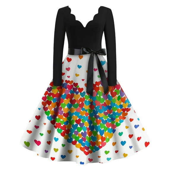 Fgvctg Valentine's Day Womens Dresses Love Heart Graphic Cocktail Dresses Vintage V Neck 50's Dress Long Sleeve Dressy Sweet Clothes Multicolor 3XL