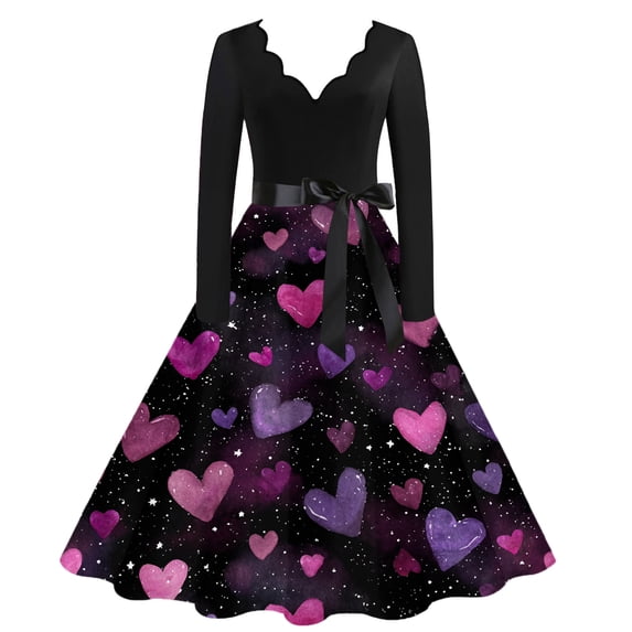 Fgvctg Valentine's Day Womens Dresses Love Heart Graphic Vintage Cocktail Dress Formal V Neck Dress 1950s Long Sleeve Dressy Elegant Date-Night Outfit Purple 2XL