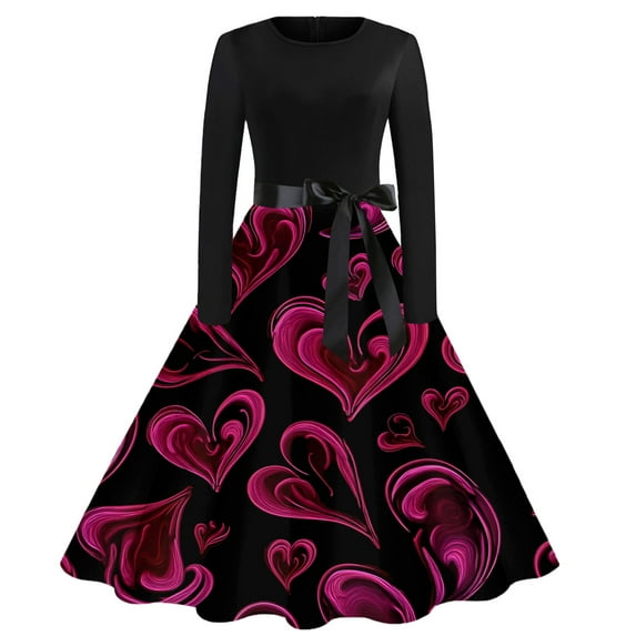 Fgvctg Valentine's Day Womens Dresses Romantic Crewneck Cocktail Dresses Cute Heart Graphic Hepburn 1950s Tea Dress Long Sleeve Vintage Dressy Outfits Purple 4XL