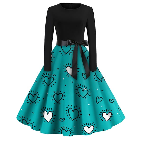 Fgvctg Valentine's Day Womens Dresses Soft Long Sleeve Vintage Cocktail Dress Plus Size 1950s Dresses Sweet Love Heart Print Date-Night Outfits Crewneck Clothes Cyan S