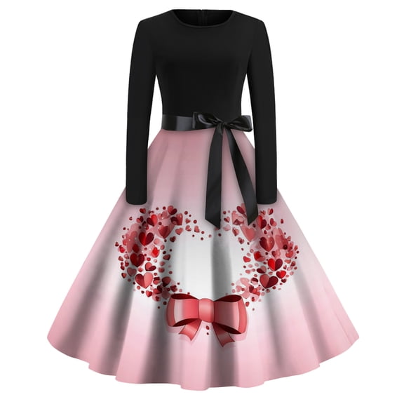 Fgvctg Valentine's Day Womens Dresses Sweet Crewneck Vintage Cocktail Dresses Love Heart Graphic Soft 50's Dress Long Sleeve Oversized Dressy Clothing Light pink 2XL