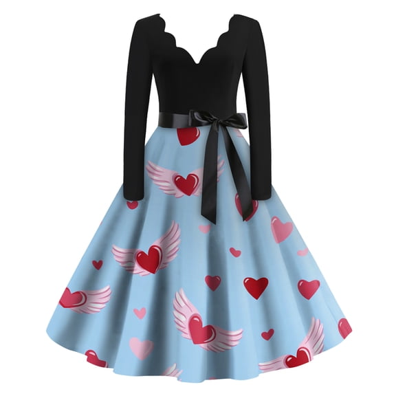 Fgvctg Valentine's Day Womens Dresses Sweet V Neck Vintage Cocktail Dress Love Heart Graphic Hepburn Dress 1950s Date-Night Long Sleeve Classy Dressy Outfits Sky Blue XL