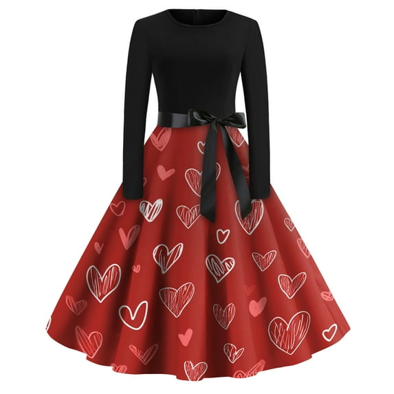 Fgvctg Valentine's Day Womens Dresses Vintage Cocktail 50's Dress Love Heart Print Crewneck Dresses A-Line Date-Night Elegant Long Sleeve Clothes Soft Outfits Wine 3XL