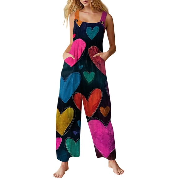 Fgvctg Valentine's Day Womens Jumpsuit Sleeveless Date Night Spaghetti Straps Overall Vintage Wide Leg Pant Love Heart Graphic Bib Overalls Rompers Sprimg Pant With Pockets White L