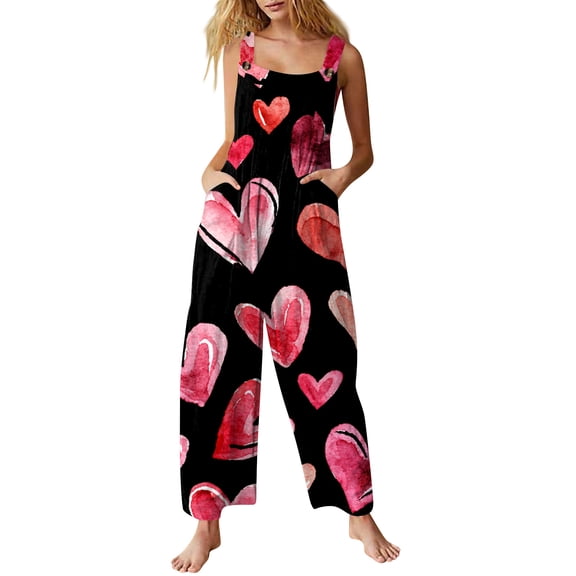 Fgvctg Valentine's Day Womens Jumpsuit Wide Leg Pant Holiday Overalls Love Heart Print Sleeveless Date Night Spaghetti Straps Jumpsuits Rompers Bib Overalls Plus Size Sprimg Pant With Pockets Red S