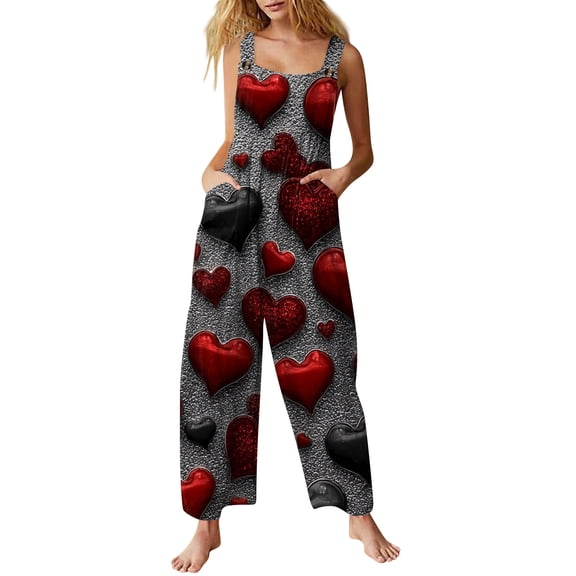 Fgvctg Valentine's Day Womens Jumpsuits Sleeveless Date Night Spaghetti Straps Overalls Fashion Wide Leg Pant Love Heart Print Bib Overalls Rompers Sprimg Pant With Pockets Watermelon Red S