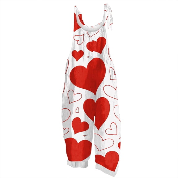 Fgvctg Valentine's Day Womens Jumpsuits Wide Leg Pant Casual Overalls Love Heart Print Sleeveless Date Night Spaghetti Straps Jumpsuit Romper Bib Overalls Oversized Sprimg Pant With Pockets Red S