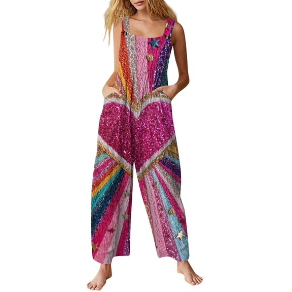Fgvctg Valentine's Day Womens Jumpsuits Wide Leg Pant Cute Overalls Love Heart Print Sleeveless Date Night Spaghetti Straps Jumpsuits Romper Bib Overalls Plus Size Sprimg Pant With Pockets Pink M