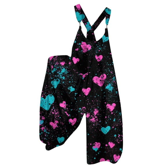 Fgvctg Valentine's Day Womens Jumpsuits Wide Leg Pant Festival Overalls Love Heart Print Sleeveless Spaghetti Straps Jumpsuit Rompers Bib Overalls Oversized Sprimg Pants With Pockets Black XL