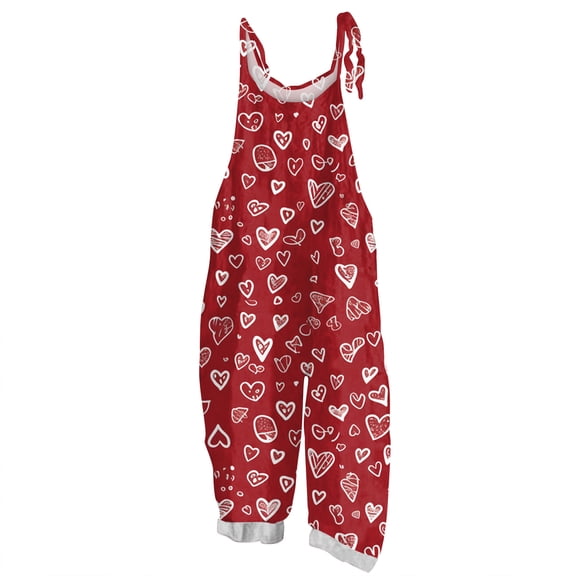 Fgvctg Valentine's Day Womens Overalls Sleeveless Date Night Spaghetti Straps Overall Festival Wide Leg Pant Love Heart Graphic Bib Overalls Romper Sprimg Pants With Pockets Watermelon Red XL