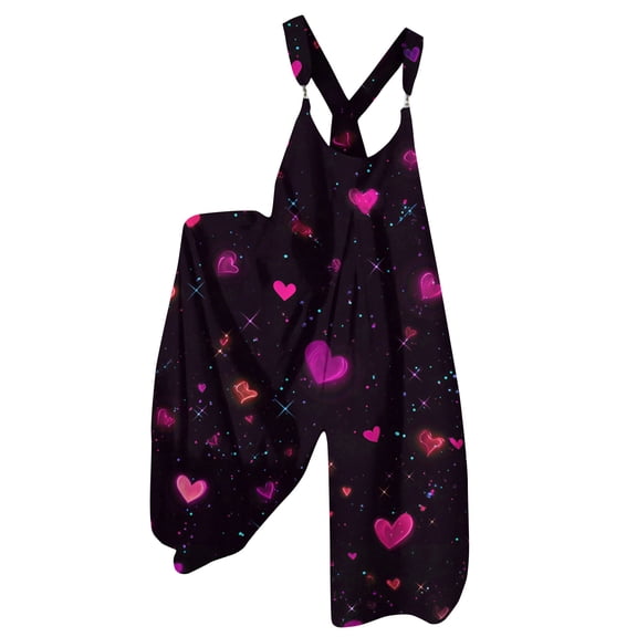 Fgvctg Valentine's Day Womens Overalls Sleeveless Date Night Spaghetti Straps Overall Trendy Wide Leg Pant Love Heart Graphic Bib Overalls Romper Sprimg Pant With Pockets Navy 2XL