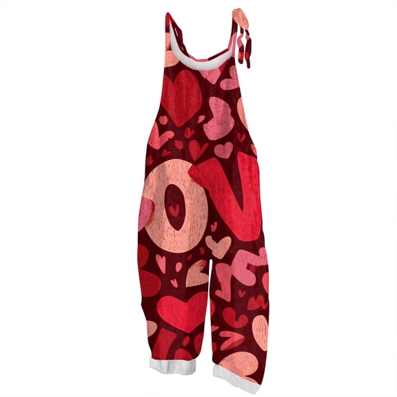 Fgvctg Valentine's Day Womens Overalls Sleeveless Date Night Spaghetti Straps Overalls Fashion Wide Leg Pant Love Heart Graphic Bib Overalls Rompers Sprimg Pants With Pockets Multicolor XL