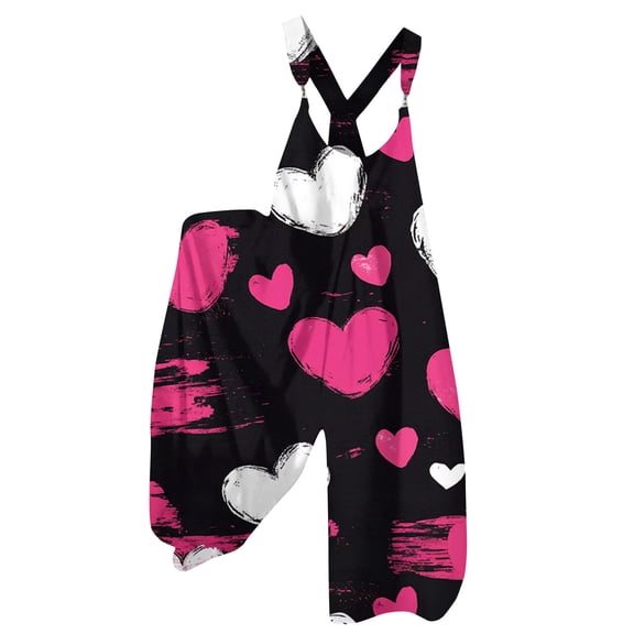 Fgvctg Valentine's Day Womens Overalls Sleeveless Date Night Spaghetti Straps Overalls Fashion Wide Leg Pant Love Heart Graphic Bib Overalls Rompers Sprimg Pant With Pockets Hot Pink L