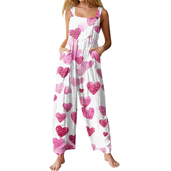 Fgvctg Valentine's Day Womens Overalls Sleeveless Date Night Spaghetti Straps Overalls Holiday Wide Leg Pant Love Heart Graphic Bib Overalls Romper Sprimg Pant With Pockets Light pink M