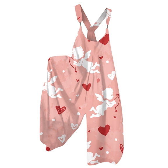Fgvctg Valentine's Day Womens Overalls Sleeveless Date Night Spaghetti Straps Overalls Holiday Wide Leg Pant Love Heart Graphic Bib Overalls Rompers Sprimg Pants With Pockets Light pink XL
