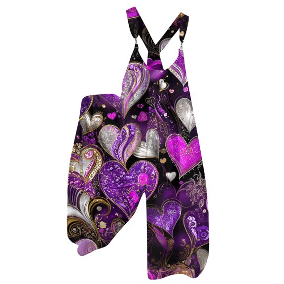 Fgvctg Valentine's Day Womens Overalls Sleeveless Date Night Spaghetti Straps Overalls Holiday Wide Leg Pant Love Heart Print Bib Overalls Romper Sprimg Pant With Pockets Purple 2XL