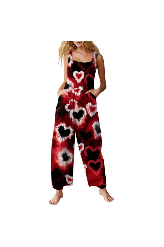 Valentine's Day Womens Overalls Wide Leg Pant Cute Overall Love Heart Print Sleeveless Spaghetti Straps Jumpsuits Romper Bib Overalls Oversized Sprimg Pants With Pockets Vermilion L