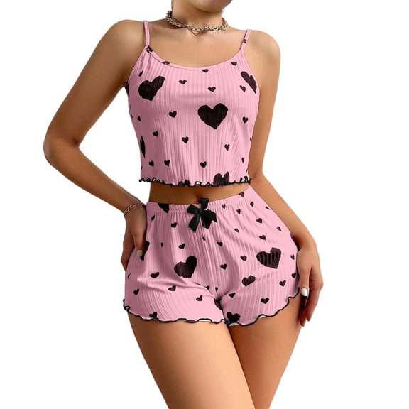 Fgvctg Valentine's Day Womens Pjs Sets Sleeveless 2 Piece Womens Cami Pajama Sets Romantic Pjs Loungewear Set Cute Love Heart Print Date Night Lounge Set With Shorts Pink XL