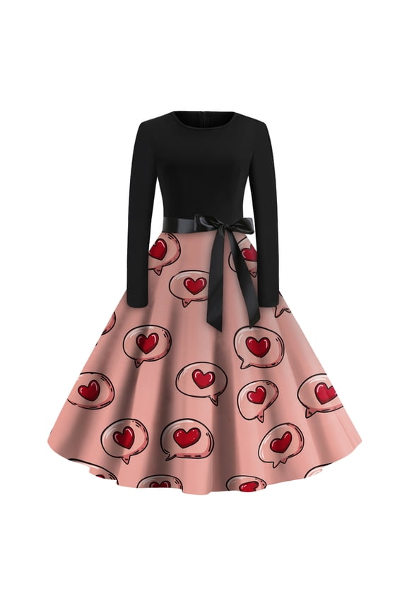 Valentine's Day Womens Plus Size Cocktail Dress Cocktail Dress 1950s Cute Heart Print Crewneck Dresses Vintage Date Night Romantic Long Sleeve Clothes Trendy Outfit Watermelon Red 2XL