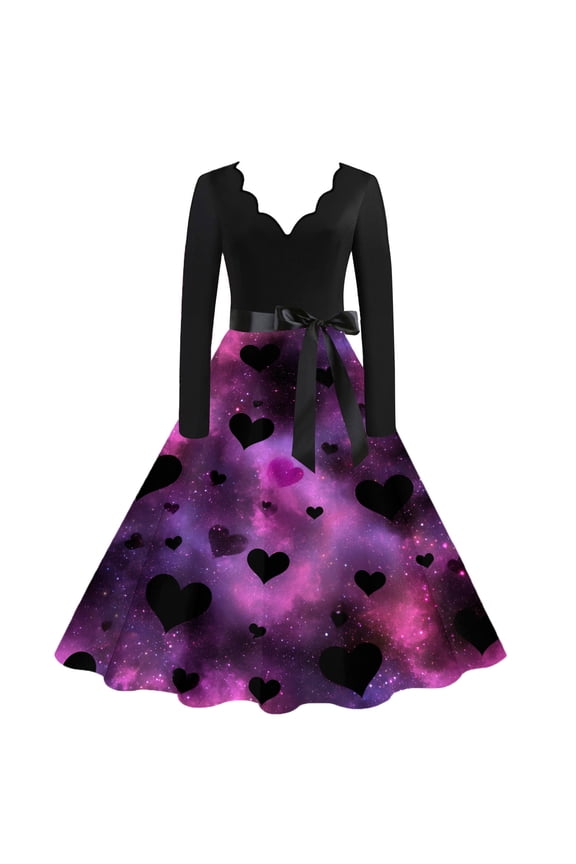 Valentine's Day Womens Plus Size Cocktail Dress Romantic V Neck Cocktail Dresses Cute Heart Graphic Soft 1950s Dresses Long Sleeve Vintage Dressy Clothes Wine M