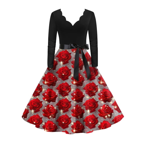 Fgvctg Valentine's Day Womens Plus Size Cocktail Dress Sweet V Neck Cocktail Dress Love Heart Print Soft 1950s Tea Dress Long Sleeve Vintage Dressy Clothes Wine XL