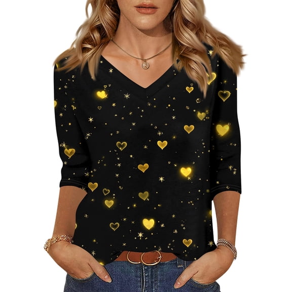 Fgvctg Valentine's Day Womens Spring Tops Casual 3/4 Length Sleeve V Neck Tops Soft Date Night Pullover Shirt Oversized Sweet Love Heart Print Blouse Gifts For Her Gold 2XL