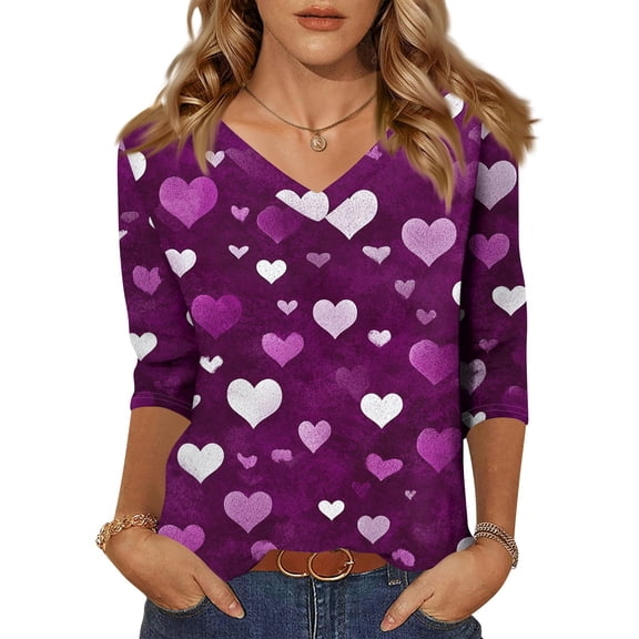 Fgvctg Valentine's Day Womens Spring Tops Casual 3/4 Sleeve V Neck Top Cute Date Night Pullover Shirts Oversized Cute Love Heart Print Blouse Gifts For Her Dark Purple L