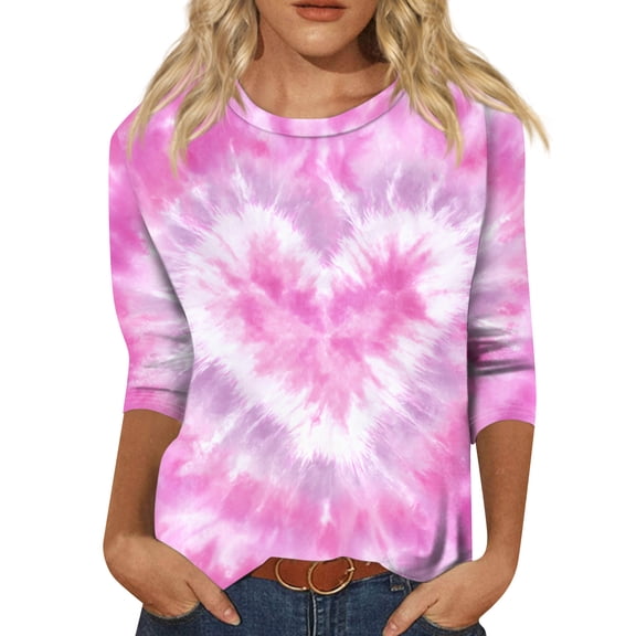 Fgvctg Valentine's Day Womens Spring Tops Casual Crewneck 3/4 Sleeve Top Oversized Date Night Pullover Shirt Comfortable Sweet Love Heart Graphic Half Sleeve Blouse Pink 2XL
