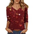 thumbnail image 1 of Fgvctg Valentine's Day Womens Spring Tops Casual V Neck 3/4 Length Sleeve Tops Loose Date Night Pullover Shirt Parade Sweet Love Heart Print Half Sleeve Blouse Wine XL, 1 of 6