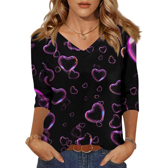 Fgvctg Valentine's Day Womens Tops Casual V Neck 3/4 Sleeve Shirt Date Night Pullover Comfortable Tops Plus Size Sweet Love Heart Print Half Sleeve Blouse Pink 2XL
