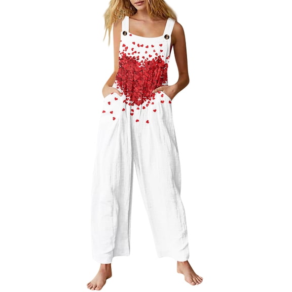 Fgvctg Valentine's Day Womens Wide Leg Pant Date Night Spaghetti Straps Casual Love Heart Print Jumpsuits Sleeveless Bib Overalls Sprimg Rompers Clothing With Pockets White S