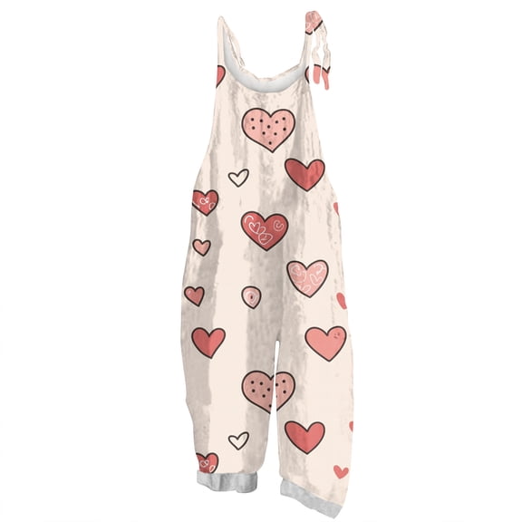 Fgvctg Valentine's Day Womens Wide Leg Pant Date Night Spaghetti Straps Trendy Love Heart Graphic Jumpsuits Sleeveless Bib Overalls Sprimg Romper Clothing With Pockets Beige M