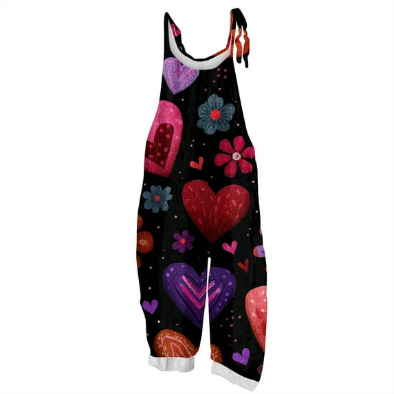 Fgvctg Valentine's Day Womens Wide Leg Pant Date Night Spaghetti Straps Vintage Love Heart Graphic Jumpsuits Sleeveless Bib Overalls Sprimg Rompers Clothing With Pockets Purple M