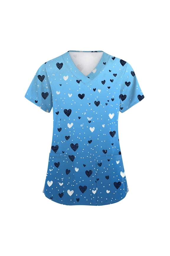 Valentines Day Scrub Tops Women V Neck Cute Love Heart Printed Scrubs Top Fashion Workwear Short Sleeve T Shirts Loose Scrub Working Shirt Medical Nurse Uniform with Pockets Blue 2XL