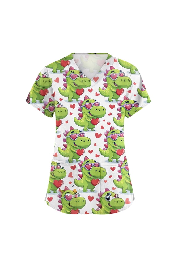 Valentines Day Scrubs for Women Cute Love Heart Print V Neck Short Sleeve Tops Scrub Holiday Work Medical T Shirts Loose Scrubs Nurse Uniforms Workwear Shirts with Pocket Dark Green M