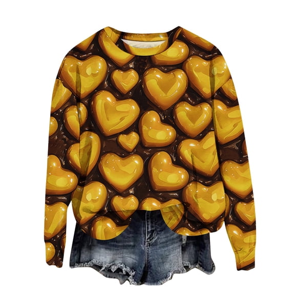 Fgvctg Valentines Day Sweatshirts for Women 2026 Cute Love Heart Print Long Sleeve Sweatshirt Crewneck Pullover Sweatshirts Loose Fit Valentine's Day Spring Fall Tops Yellow 2XL