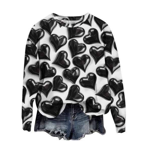 Fgvctg Valentines Sweatshirts for Women Cute Love Heart Graphic Long Sleeve Sweatshirts Crewneck Pullover Tops Loose Valentine's Day Spring Clothes Black S