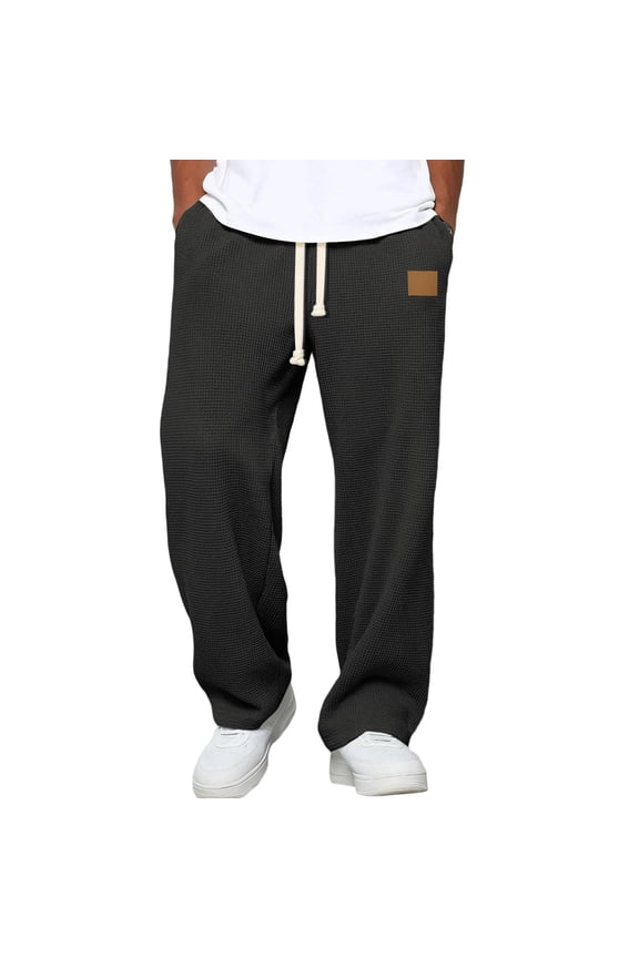 Waffle Pants Men Elastic Waist Lounge Trousers Wide Leg Shaggy Baggy Jogger Pant Drawstring Loose Fall Sweatpant with Pockets Black XL