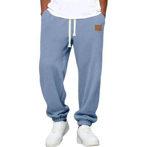 Fgvctg Waffle Pants for Men Elastic Waist Wide Leg Lounge Pants Baggy Fashion Jogger Trouser Drawstring Loose Fit Sweatpant with Pockets Blue S