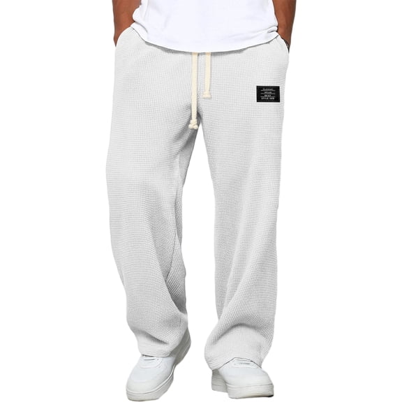 Fgvctg Waffle Sweatpants for Men Elastic Waist Lounge Trouser Wide Leg Textured Baggy Jogger Pants Drawstring Loose Fit Spring Sweatpant with Pockets White L