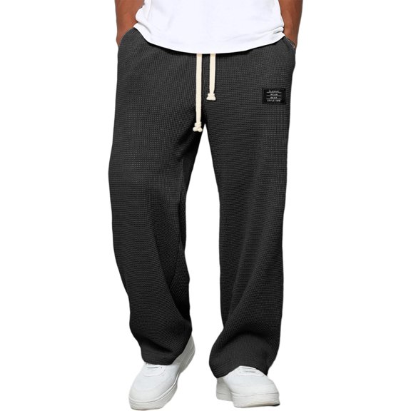 Fgvctg Wide Leg Pants for Men Waffle Elastic Waist Lounge Trousers Casual Baggy Joggers Pants Drawstring Loose Spring Sweatpant with Pockets Black 3XL
