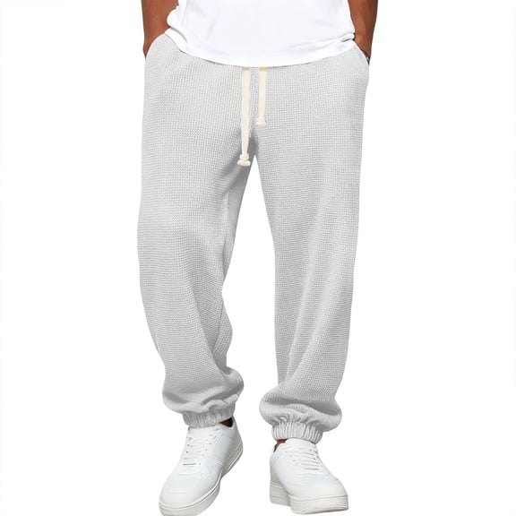 Fgvctg Men's Sweatpants Waffle Wide Leg Lounge Sweatpant Trendy Baggy Elastic Waist Joggers Pant Loose Fit Drawstring Trousers with Pockets White M