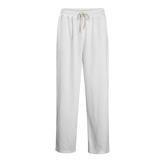 Fgvctg Wide Leg Pants for Men Waffle Elastic Waist Lounge Trouser Trendy Baggy Jogger Pant Drawstring Loose Winter Sweatpant with Pockets White M