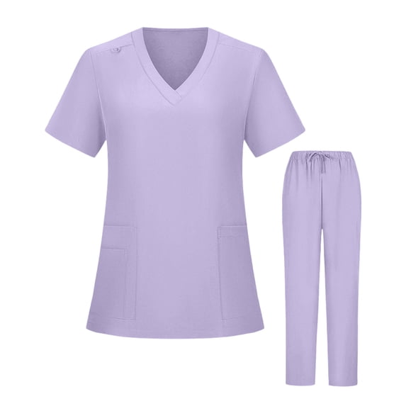 Fgvctg Women Scrubs Sets Plus Size Nurse Uniforms Petite V Neck Yoga Scrub Pants and Tops Medical Uniforms Scrub Set with Pockets Light Purple XL